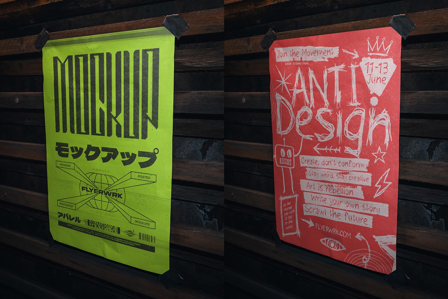 Basement A2 poster mockup with neon green poster taped on rough wall