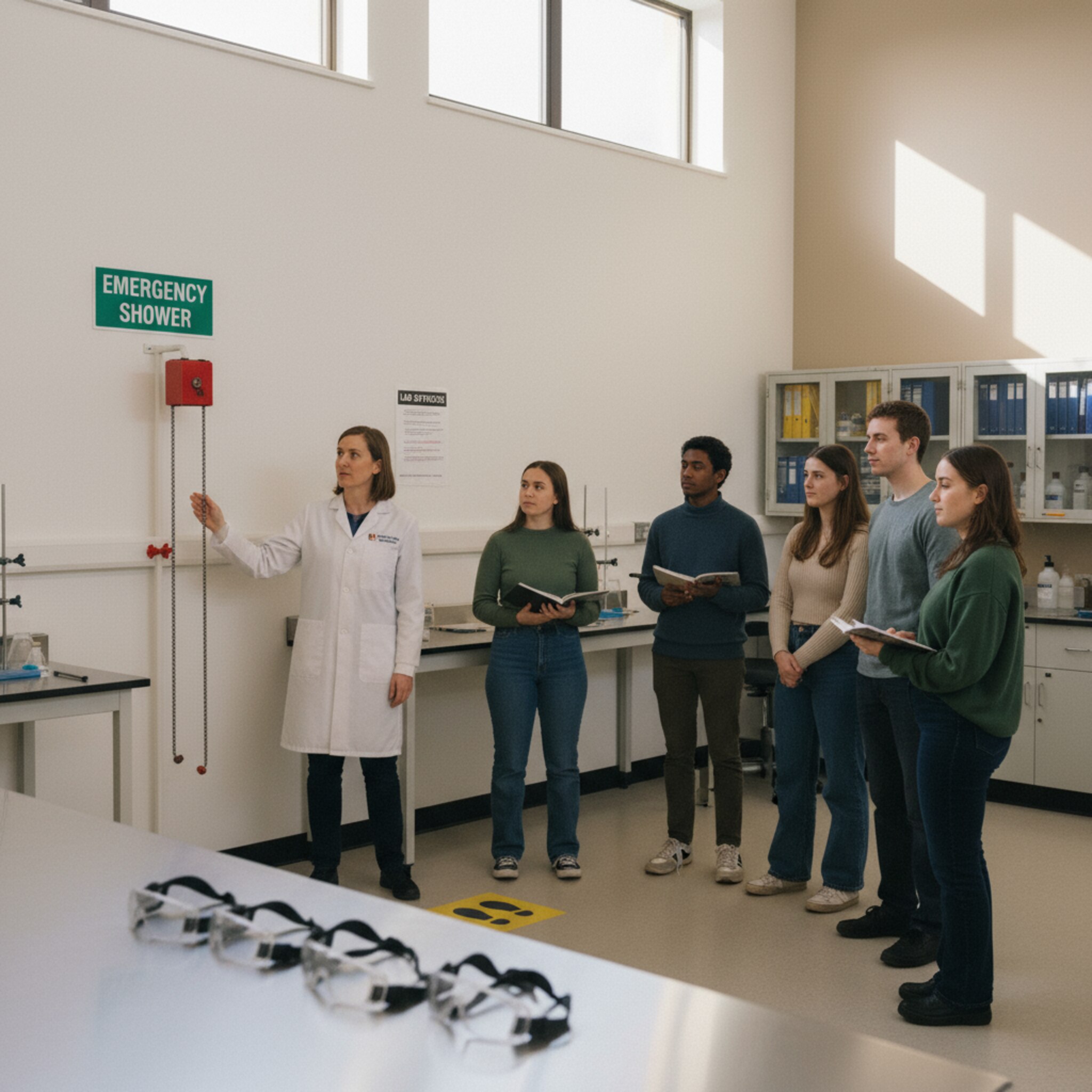 Eine Gruppe neuer Studierender hört aufmerksam zu, während eine Sicherheitsbeauftragte auf die Notdusche zeigt. Schutzbrillen liegen bereit, ein schlichtes Hinweispapier hängt im Hintergrund. Die Gruppe steht locker im Halbkreis, dezente Bodenmarkierungen helfen bei der Orientierung. Die Stimmung ist aufmerksam und verantwortungsvoll.