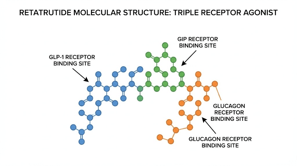 Retatrutide triple agonist molecular structure showing GLP-1 GIP and glucagon receptor binding