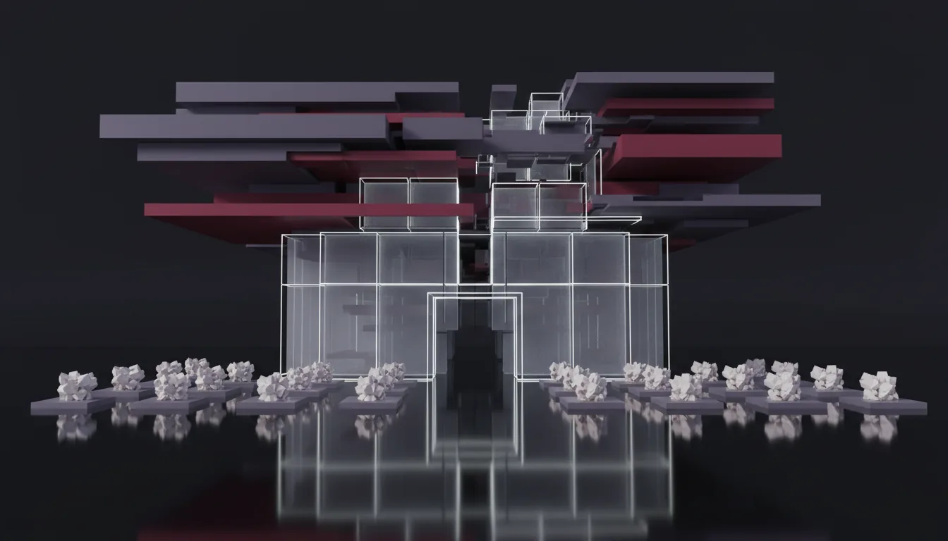 A 3D render of an abstract architectural scene, visualized in Autodesk Maya software. The composition features a deconstructed digital environment with layered geometric solids in matte purple, grey, and deep red. A central structure is defined by semi-transparent panels and a glowing white wireframe overlay. Below, rows of intricate, pale, crystalline 3D models are arranged on platforms over a highly reflective, dark floor, creating sharp reflections. The scene is illuminated by soft global illumination, creating a moody, technological atmosphere against a dark studio backdrop.