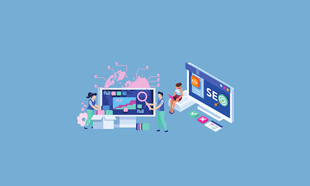 Isometric illustration of a team working on SEO (Search Engine Optimization) with data analysis, global reach, and code on computer screens.