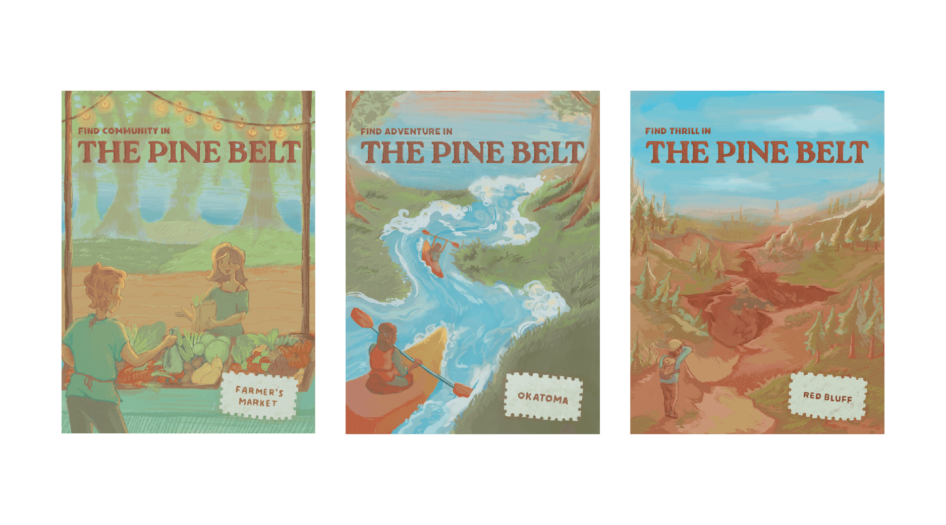 series of three Visit Pine Belt posters, left to right: Farmer's Market, Okatoma, and Red Bluff