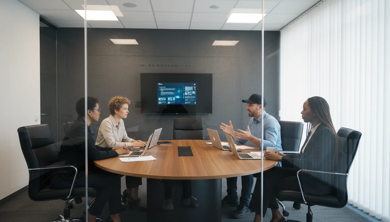 DSLR photograph of an IT team meeting in a modern corporate conference room, viewed from outside through a glass partition. Four business casual colleagues are seated in black leather office chairs around a large oval wooden table with open laptops. A man in a baseball cap is actively speaking and gesturing, while three women listen intently. The background features dark grey textured walls, a wall-mounted TV screen with abstract UI elements, and a window with vertical blinds. The room is lit by a combination of bright overhead ceiling lights and soft natural daylight, creating a professional and candid atmosphere with subtle reflections on the glass.