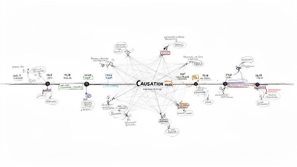 Hand-drawn 'Causation Web' diagram showing a timeline with interconnected nodes and text, resembling a complex mind map.