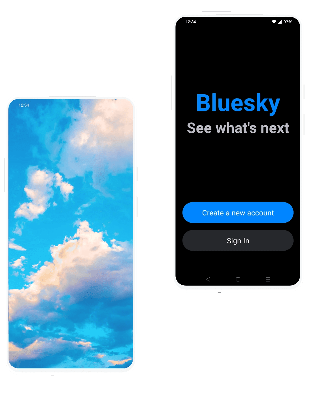 An image showing two mobiles next to one another. The first one shows a photo of a sky with clouds in it, and the second shows Bluesky's existing splash screen.