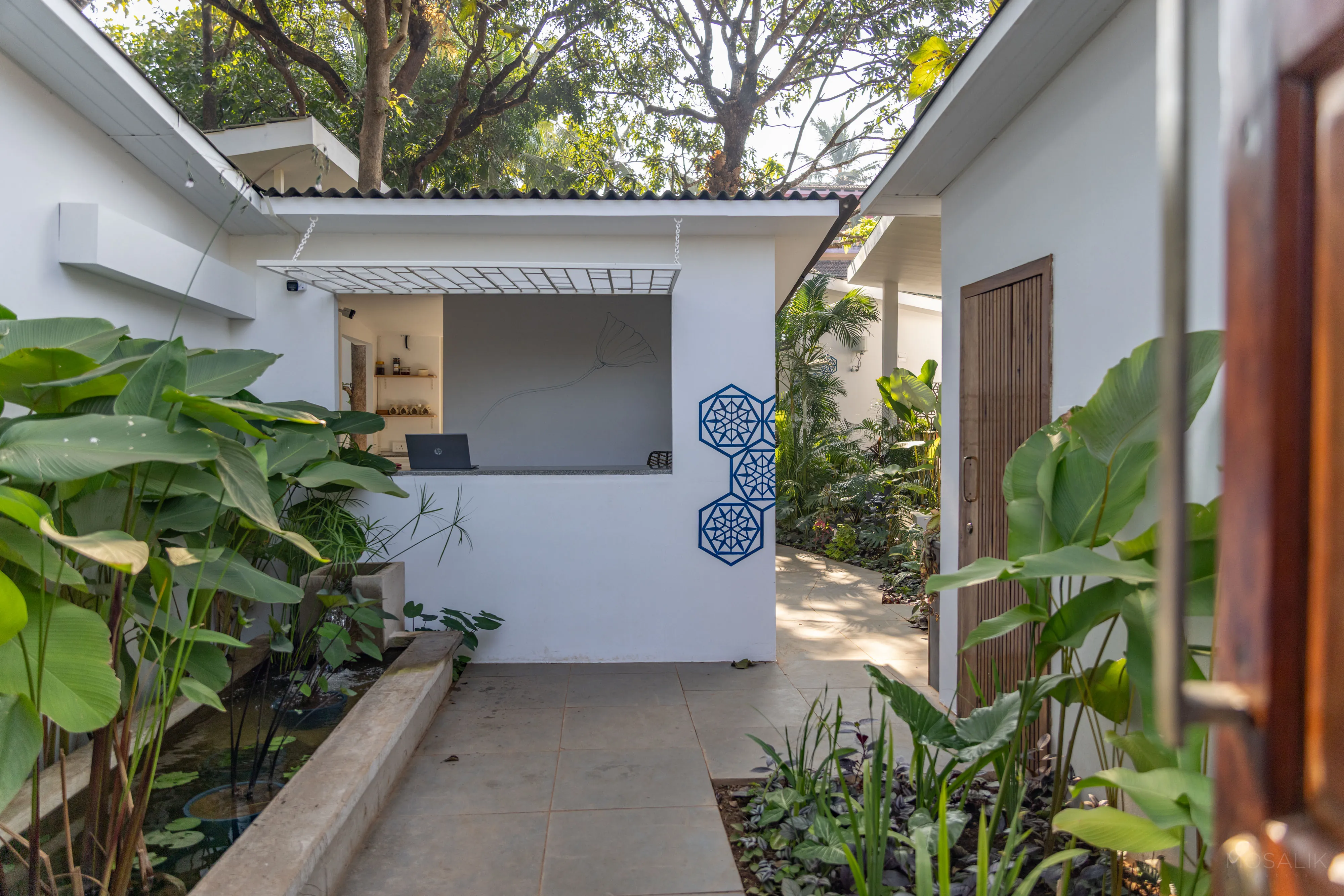 Arriving at Jaali Blue, the courtyard entrance with jaali mural