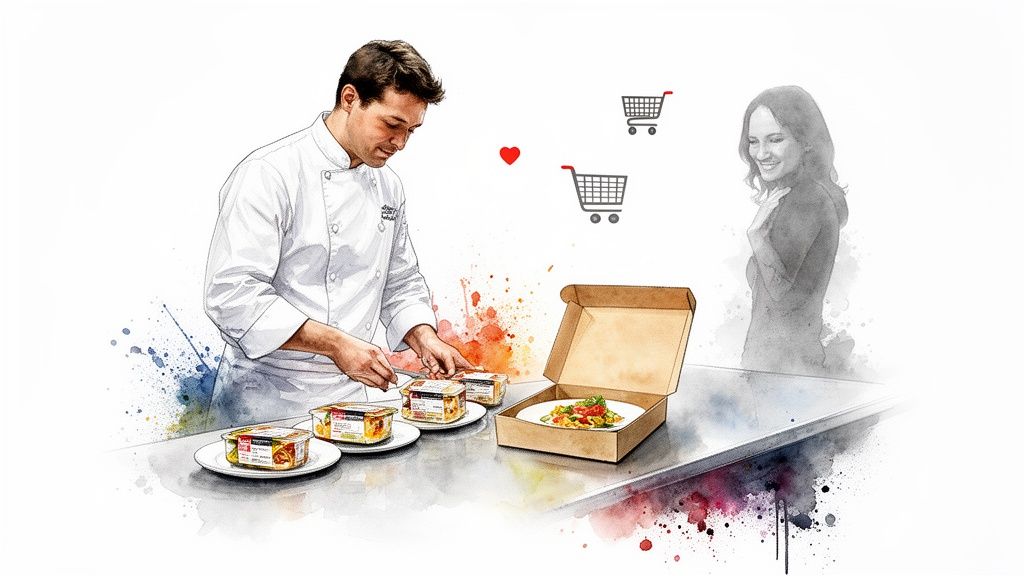 A chef plates prepared meals into a delivery box for a smiling customer, with shopping cart icons.