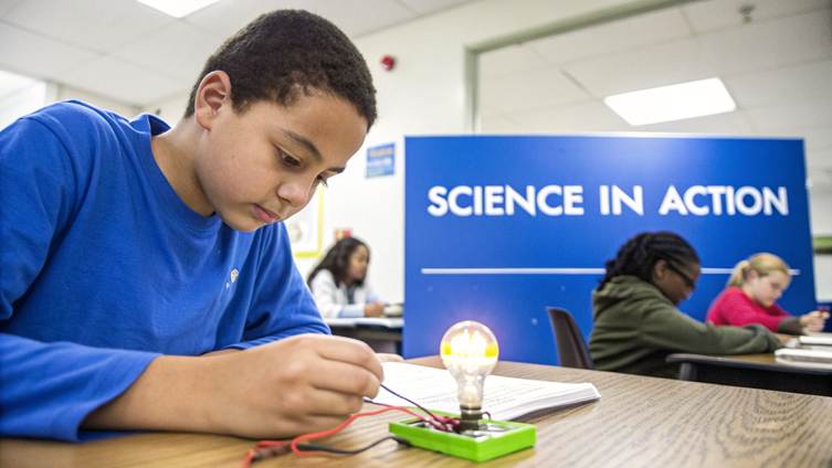 Young boy in a blue shirt connecting wires to a glowing light bulb for a science experiment.