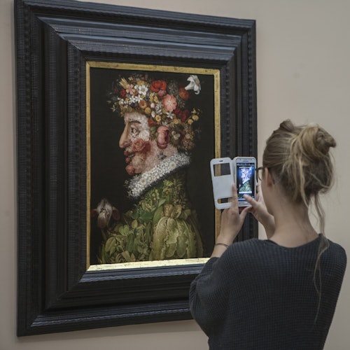 一名女性拍攝了一幅由花卉、水果和蔬菜組成的人像的畫框照片。