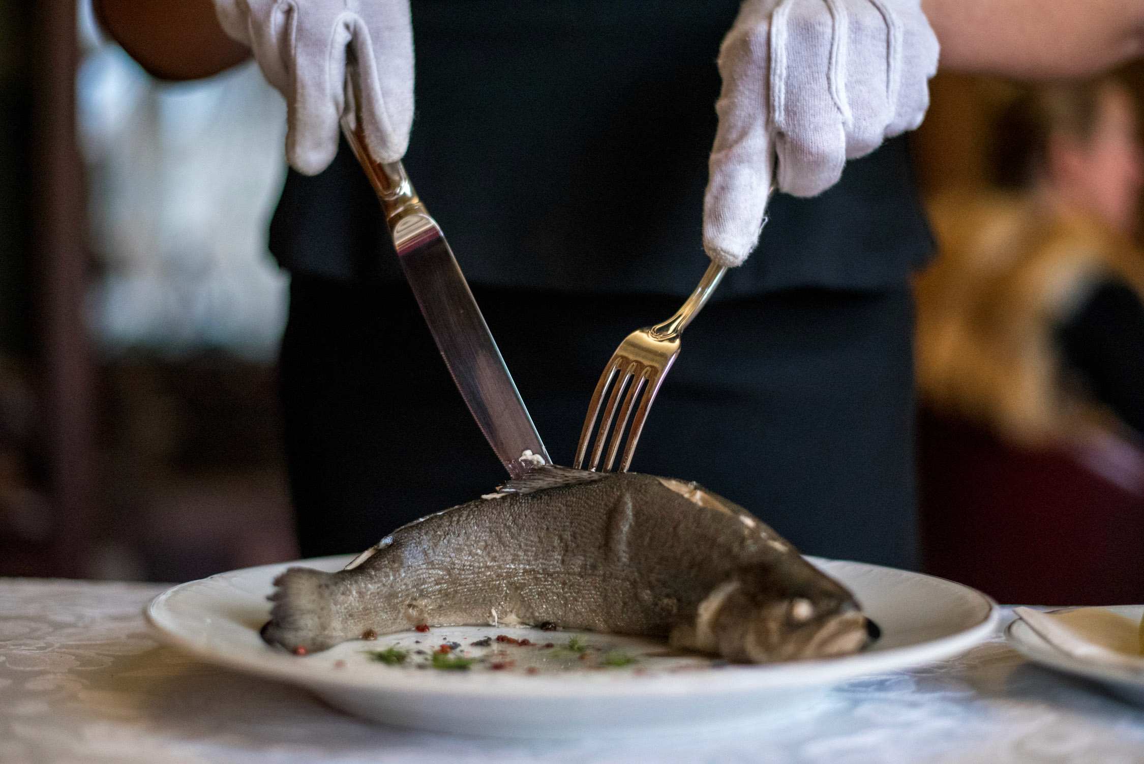 Golden afternoon light illuminates a plate holding roasted fish, presented by hands wearing white gloves in an inviting restaurant setting.