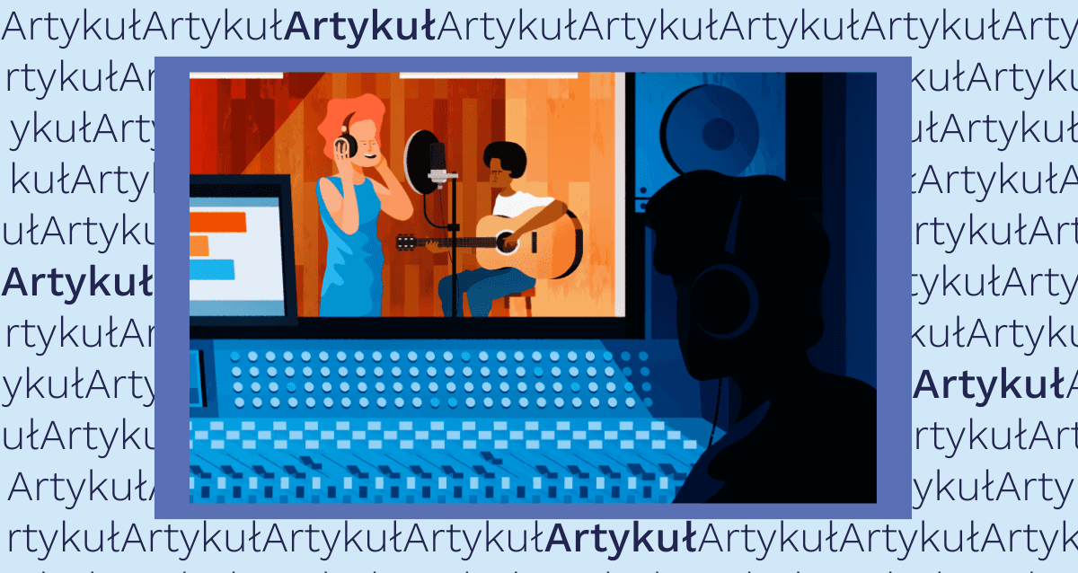kobieta śpiewa do mikrofonu, a mężczyzna gra na gitarze. Na pierwszym planie widać osobę przy konsoli mikserskiej, nadzorującą nagranie. Styl jest ilustracyjny.