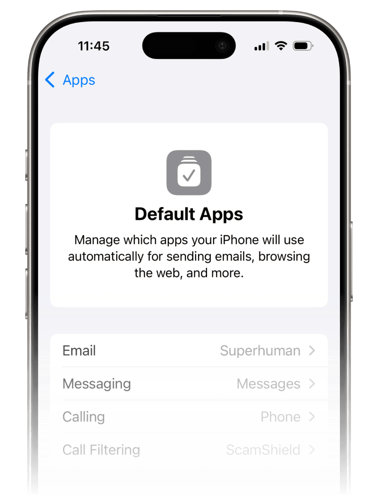 Default Apps in iPhone Settings