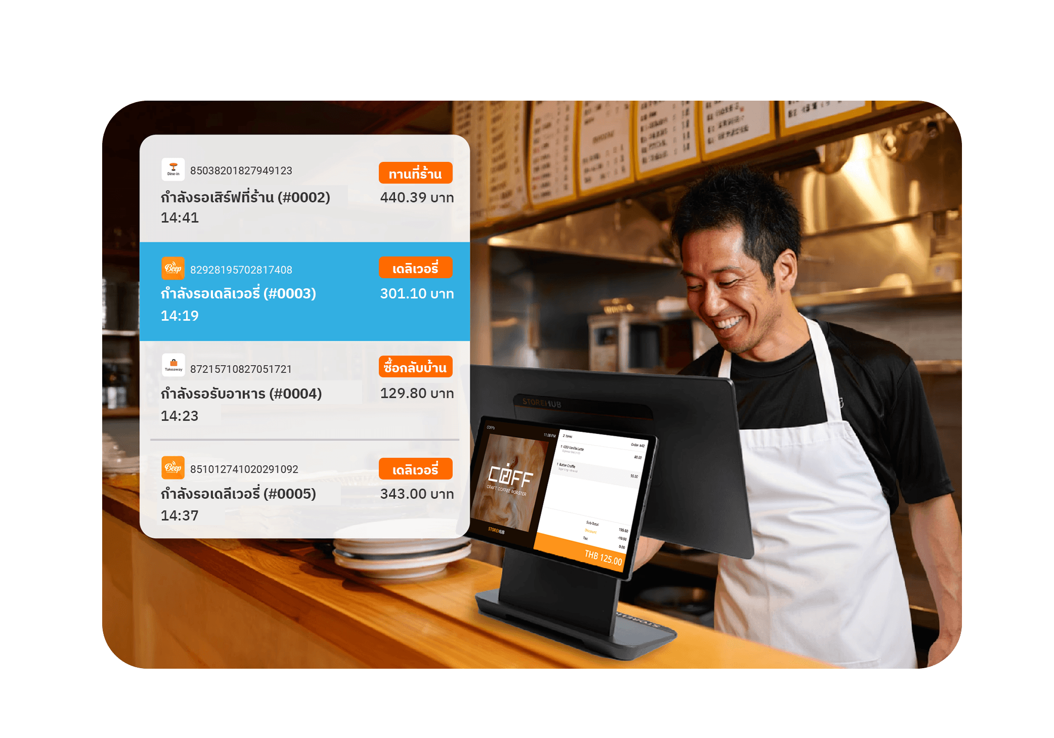Restaurant staff using the StoreHub cloud POS system to manage dine-in and takeaway orders.