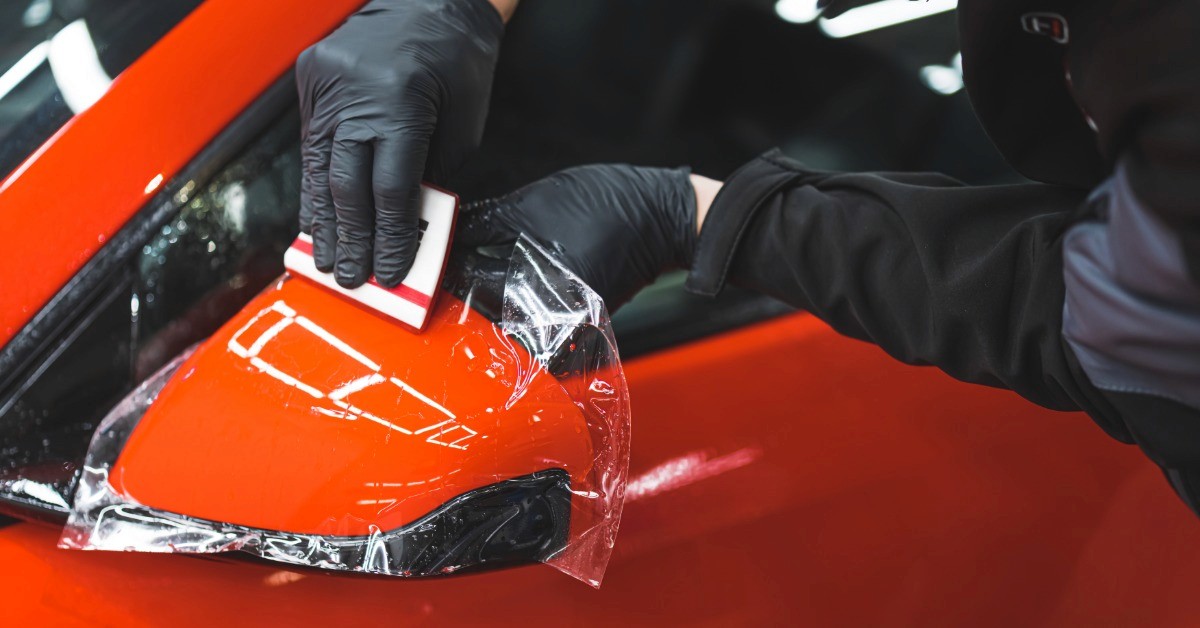 An individual wearing black gloves applies clear paint protection film on the side mirror of a red car.