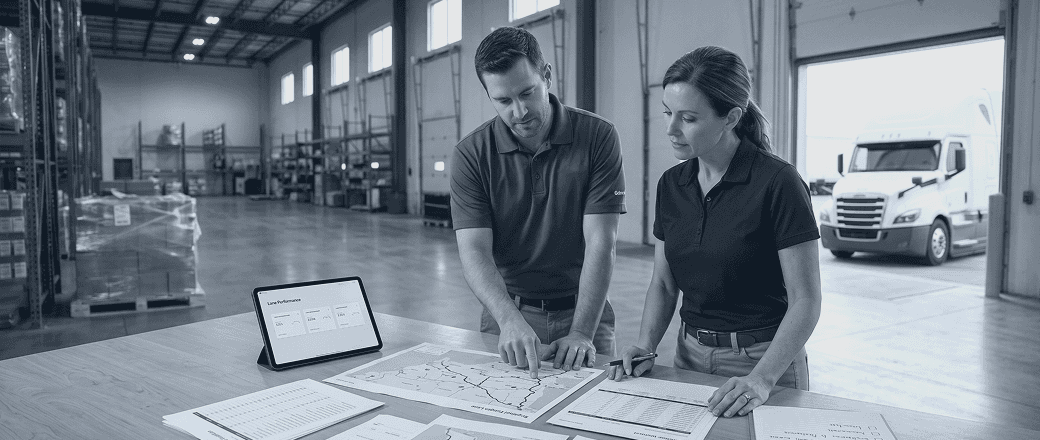 Logistics managers reviewing U.S. map highlighting St. Louis as a key national distribution hub