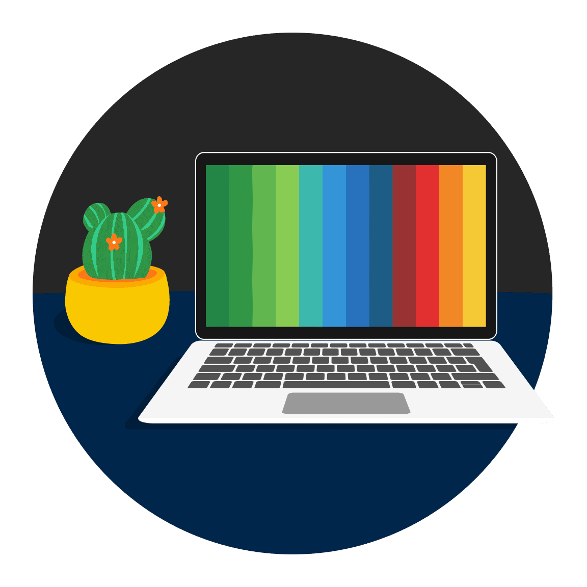 Gele hand die wijst naar een laptopscherm met een bunq-kaart naast een kamerplant.