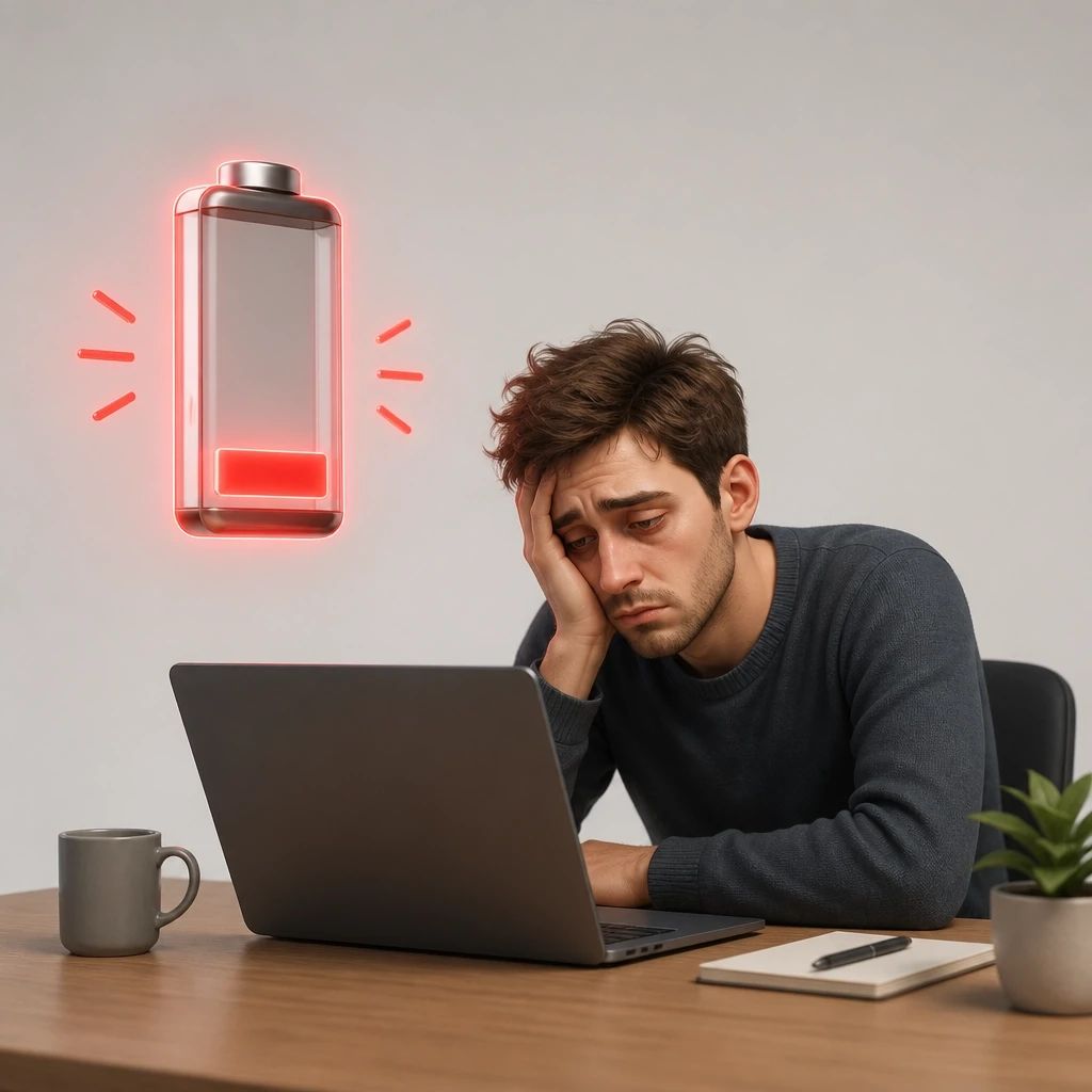 A 3D illustration of a person working with a low battery icon floating above their head, representing poor energy management.
