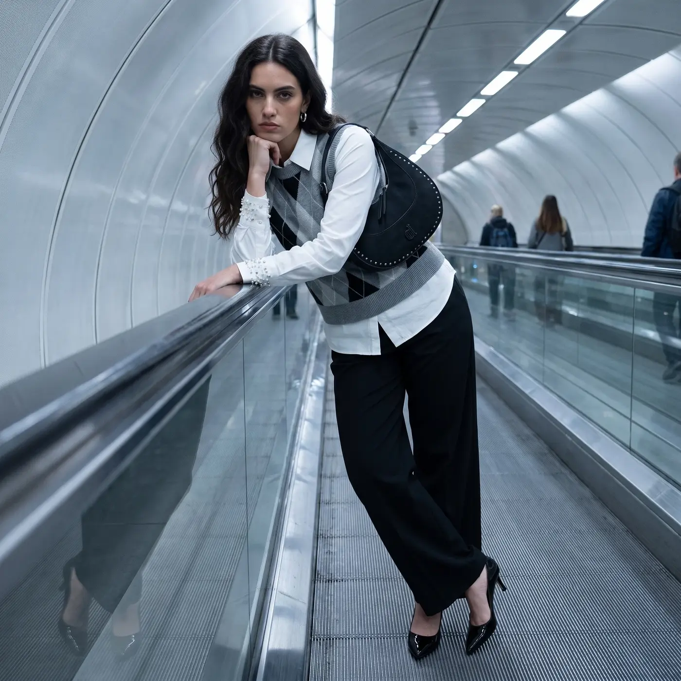Modella con gilet argyle, camicia bianca e pantalone nero sul tapis roulant della metro