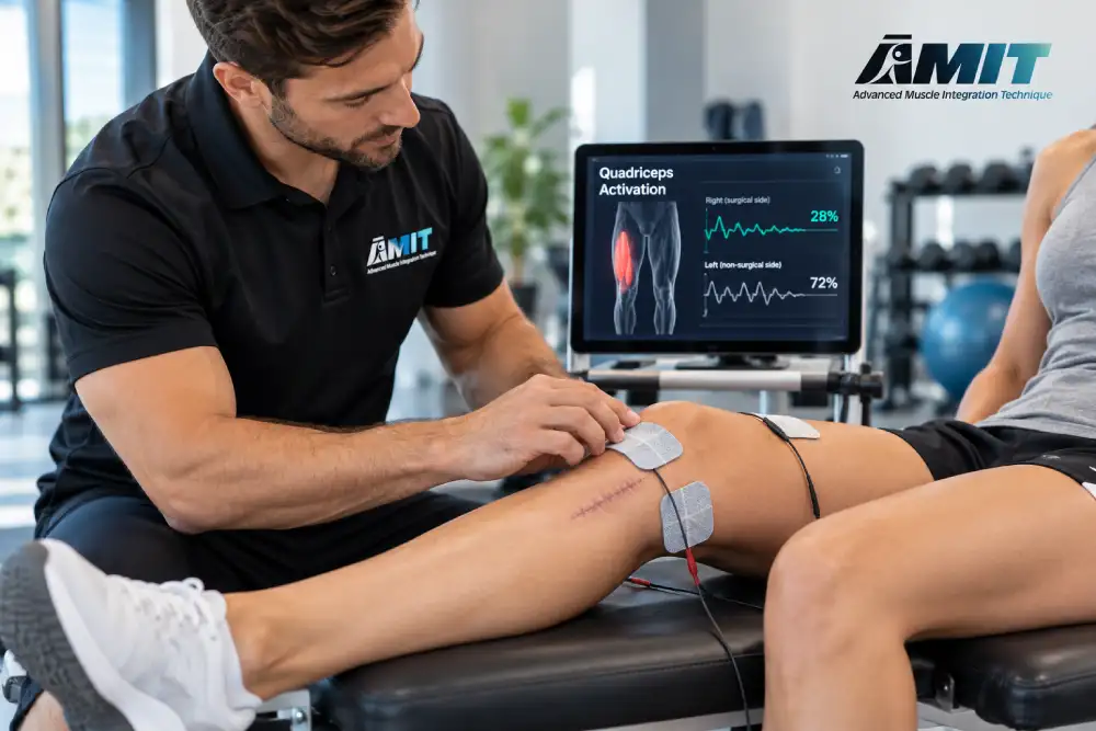 Chiropractor testing quadriceps muscle activation after knee surgery at AMIT Clinics