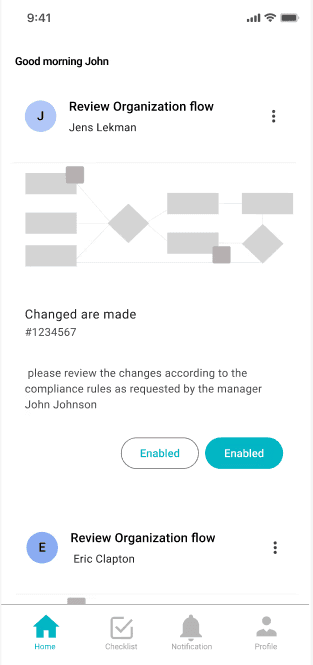 Mobile concept: a review request card for an organisation flow, showing a diagram preview, the change reference and the requester’s note.