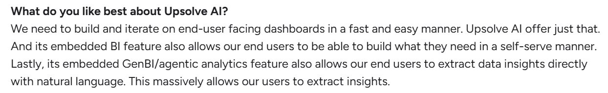 User feedback highlighting fast iteration of end-user dashboards and embedded analytics in Upsolve