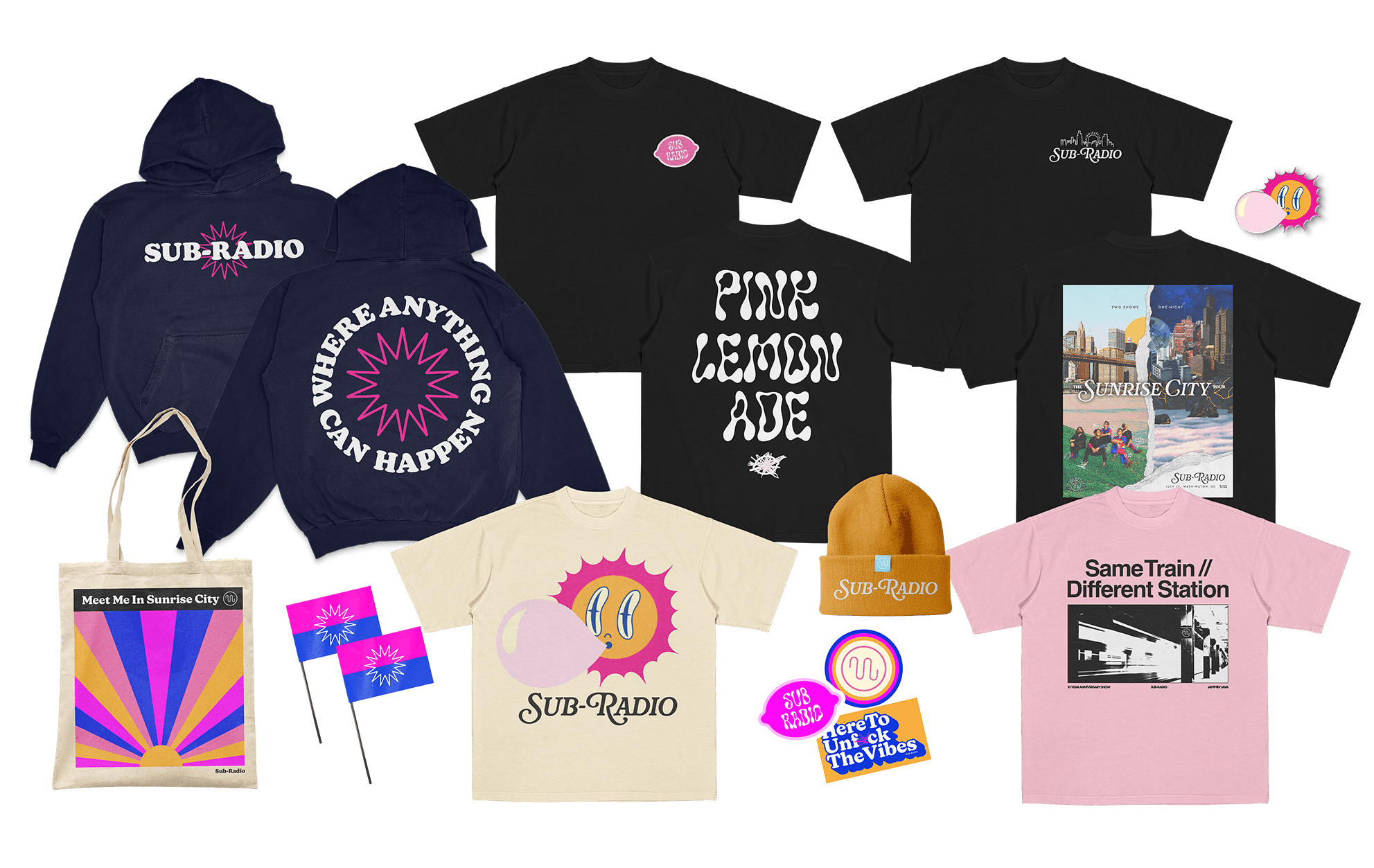 Flat spread showing sub-radio merch capsule: front and back of hoodie design, front and back of 2 shirt designs, tote bag design, flag design, 2 shirt front only designs, three stickers, and beane. All featuring bright pinks, blues, and yellows