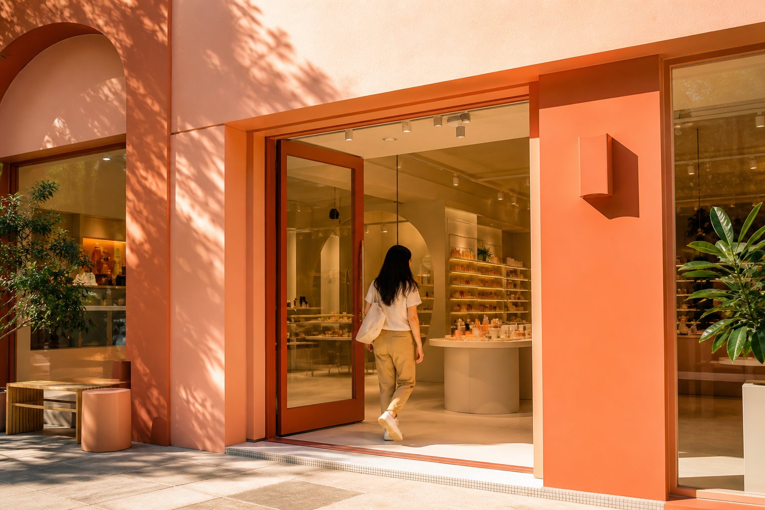 A bright beauty store front with peach signage frames, a woman walking in through the open door