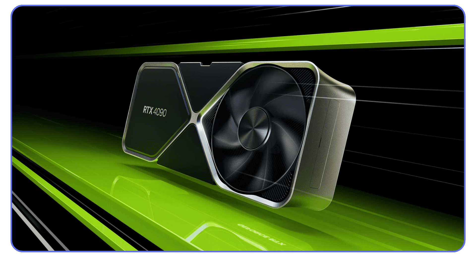 Close-up image of an NVIDIA GeForce RTX 4090 graphics card with a black and green background.