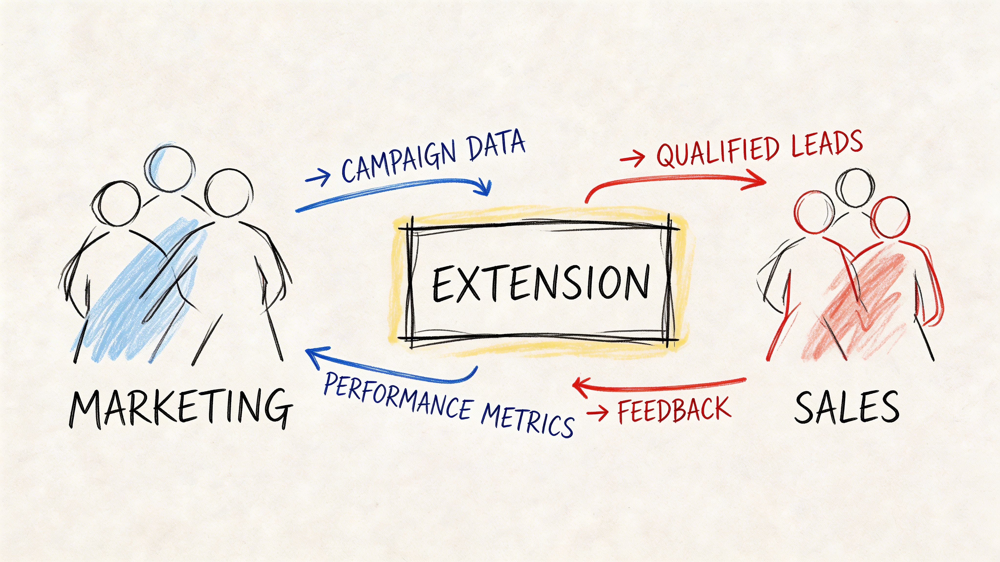 A diagram illustrating the workflow between the marketing and sales departments using an extension tool.