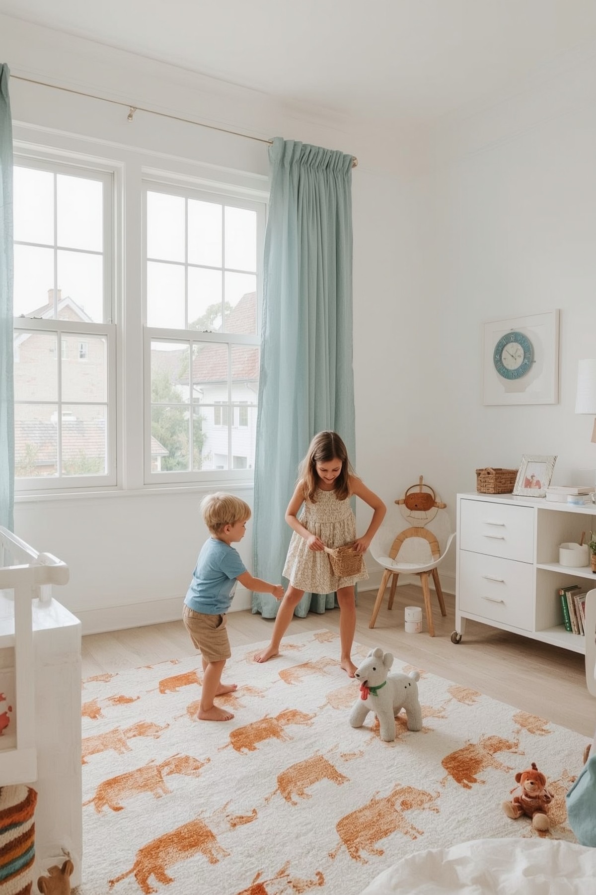 Geschwister, ein Junge und ein Mädchen, spielen gemeinsam und belebt.