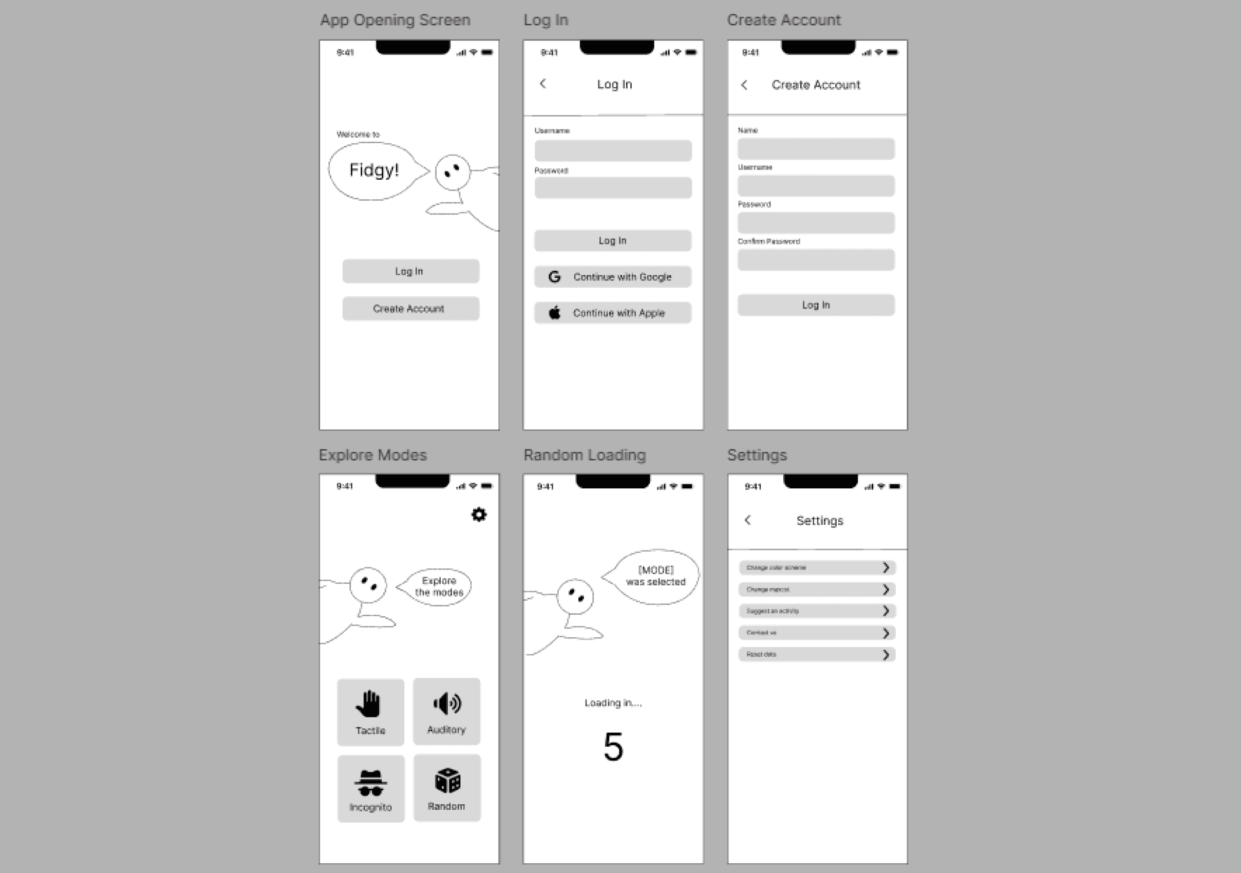 Wireframe screens of Fidgy app, with a countdown for mode added and refined iconography