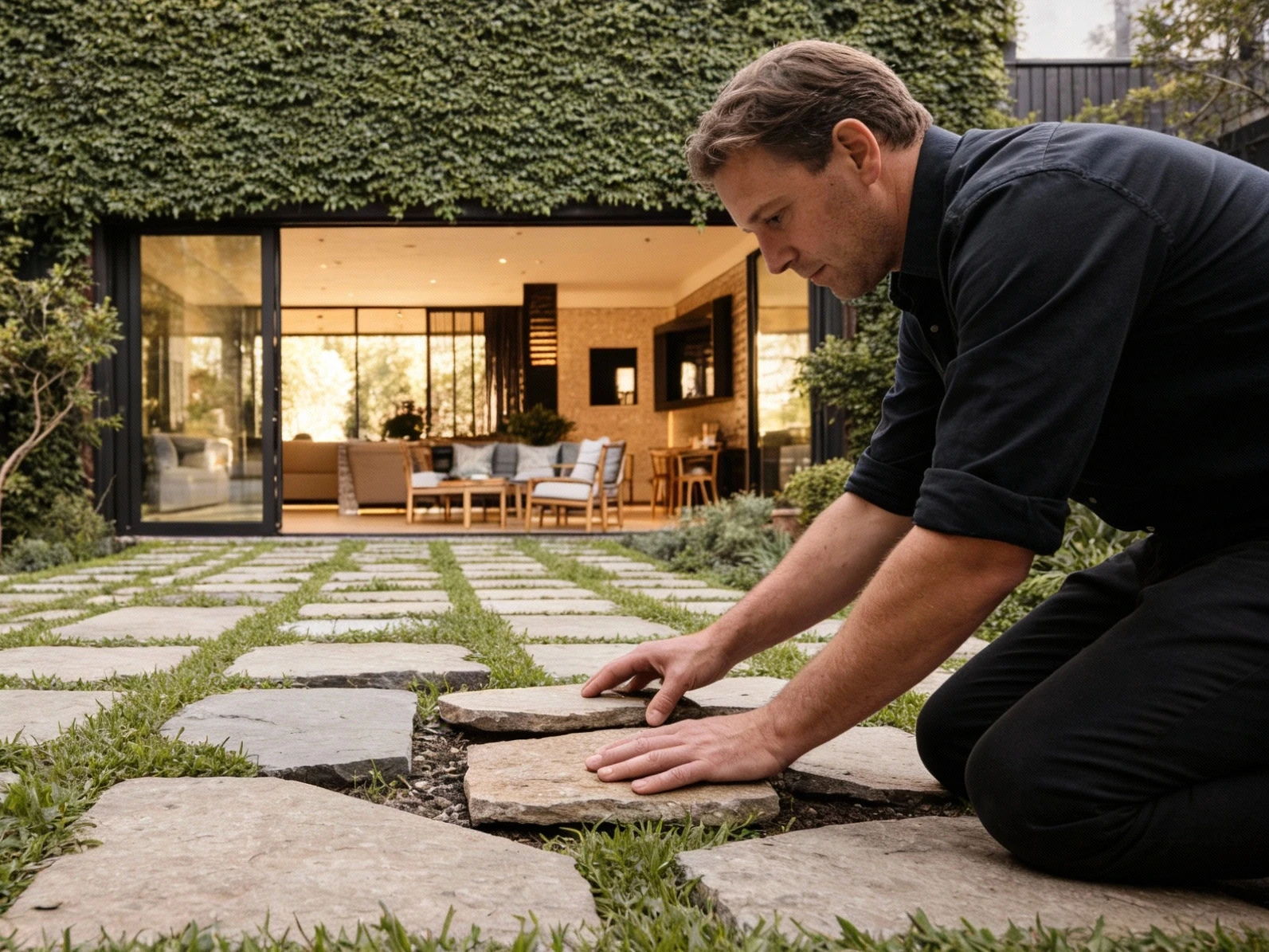 A landscape craftsman positioning stone pavers within a structured courtyard planting layout.
