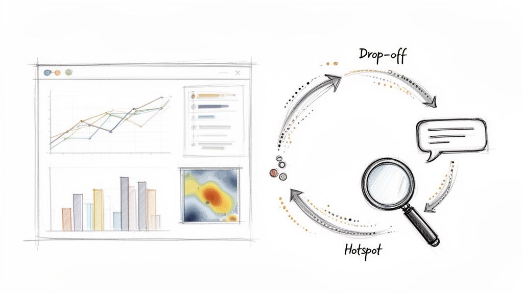 A sketch showing a data analytics dashboard with various charts and a cycle for identifying user drop-offs and hotspots.