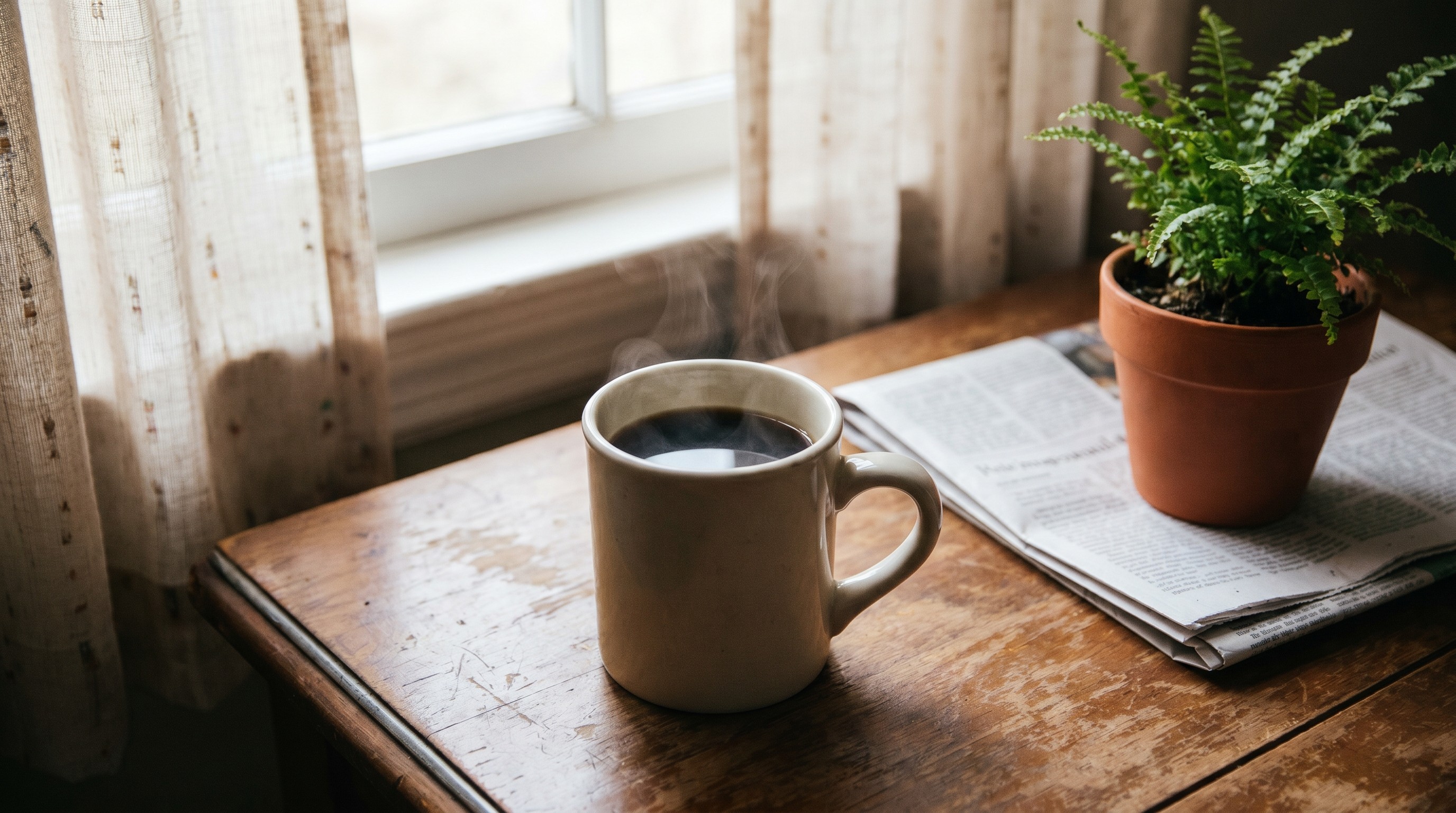 Steaming ceramic mug of coffee on a wood table in soft Pacific Northwest morning light near a window