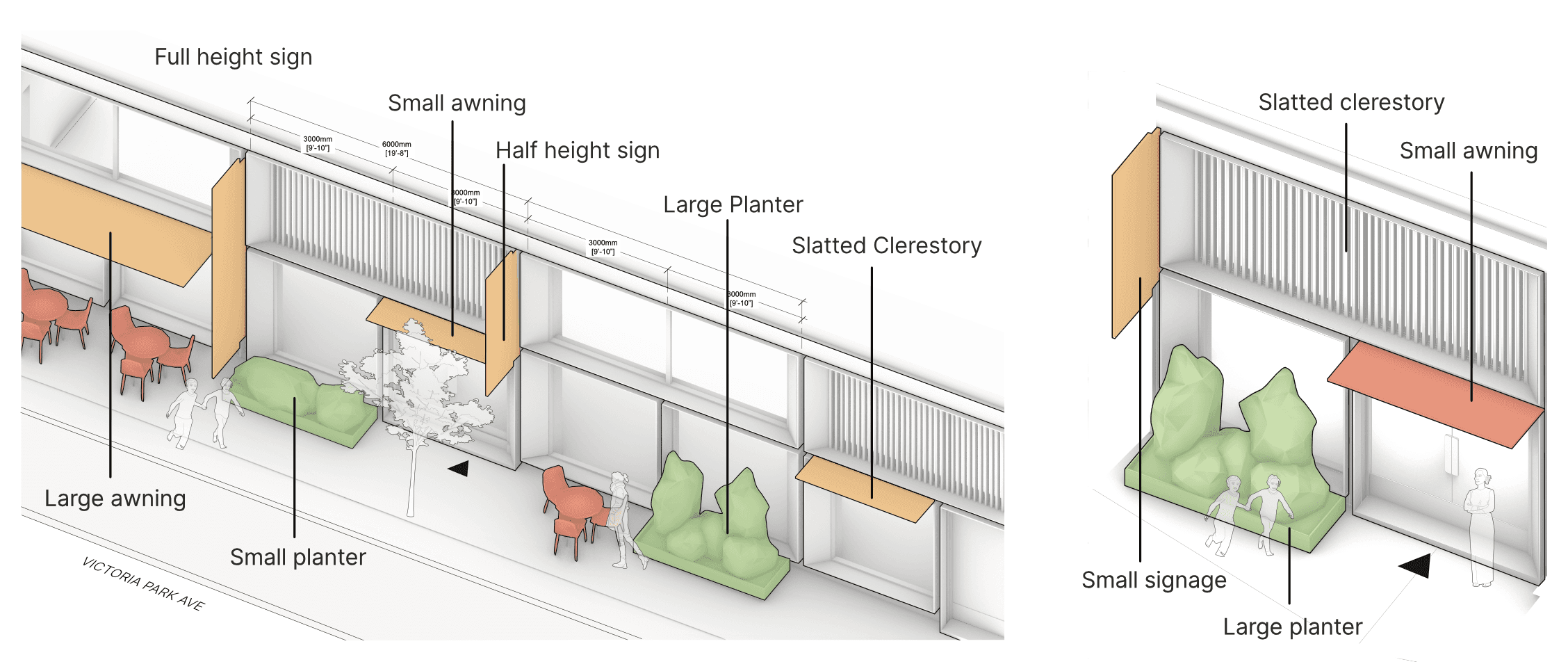 Rather than designing one single façade arrangement, we design the components. The façade is framed in 6-meter intervals in order to consider the different retail demising arrangements. Modular components can then be slotted into the mullions which change its experience.