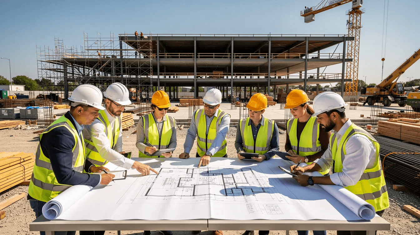 A construction site team, including a project manager and skilled professionals, is gathered outdoors, reviewing blueprints on a table with a partially built commercial structure in the background. This collaborative effort highlights the importance of project management in construction, ensuring that all parties involved are on the same page regarding project plans and progress.