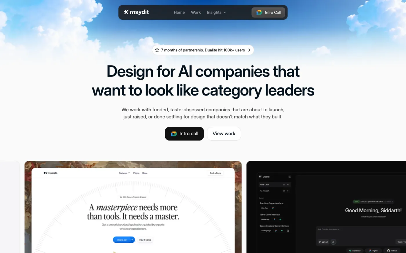 Página inicial do site do Studio Maydit, design para empresas de IA