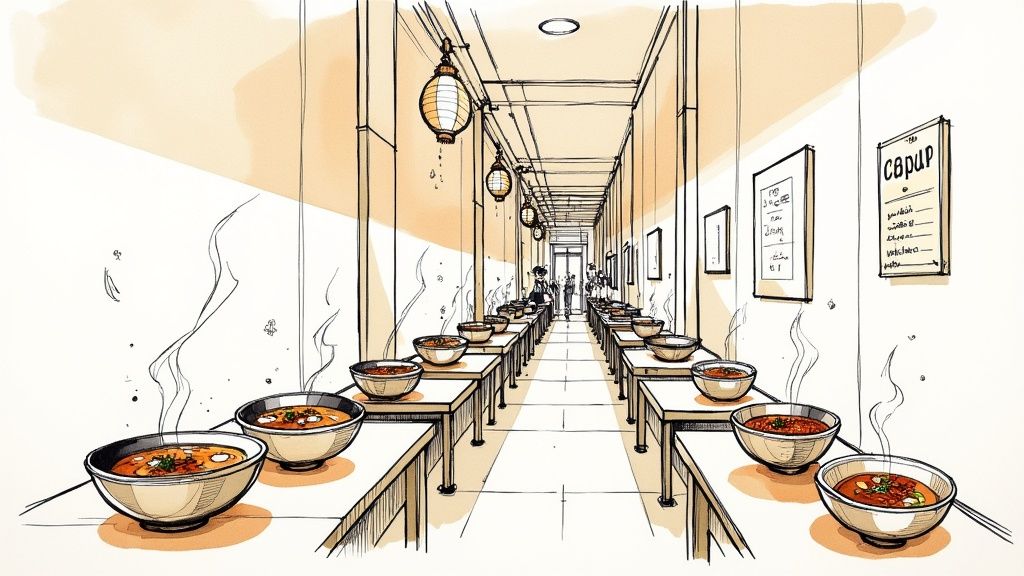 An illustrated view of a long hall with rows of tables, each holding steaming bowls of soup.