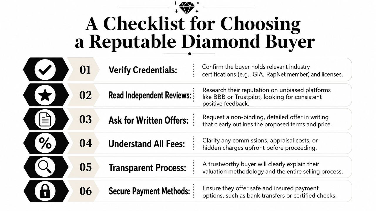 A six-step checklist titled A Checklist for Choosing a Reputable Diamond Buyer with professional advice icons.