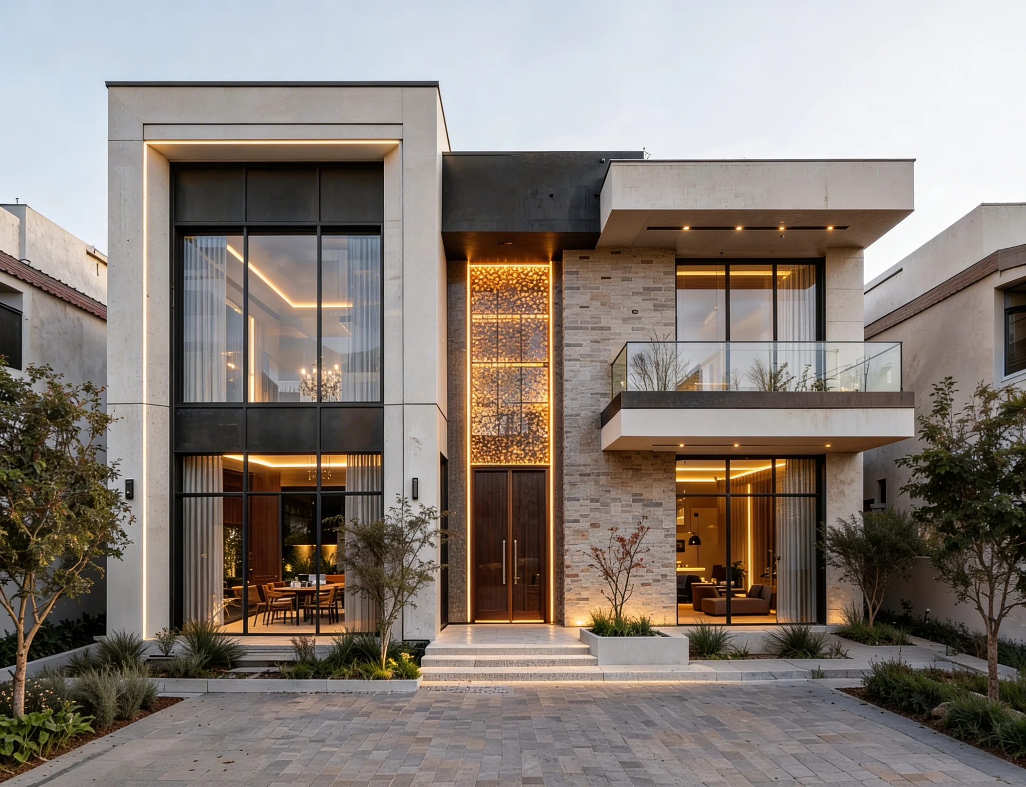 Modern luxury villa exterior at dusk with warm architectural lighting in Dubai
