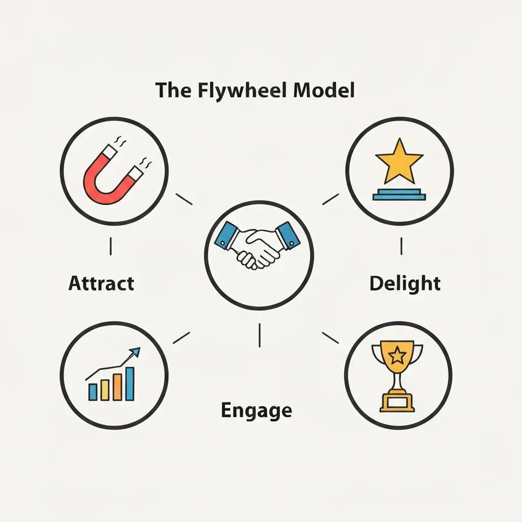 Diagram showing the three flywheel stages: Attract, Engage, Delight