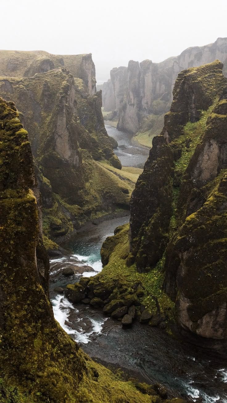 This may contain: a river flowing through a lush green valley surrounded by tall rocks and moss covered mountains
