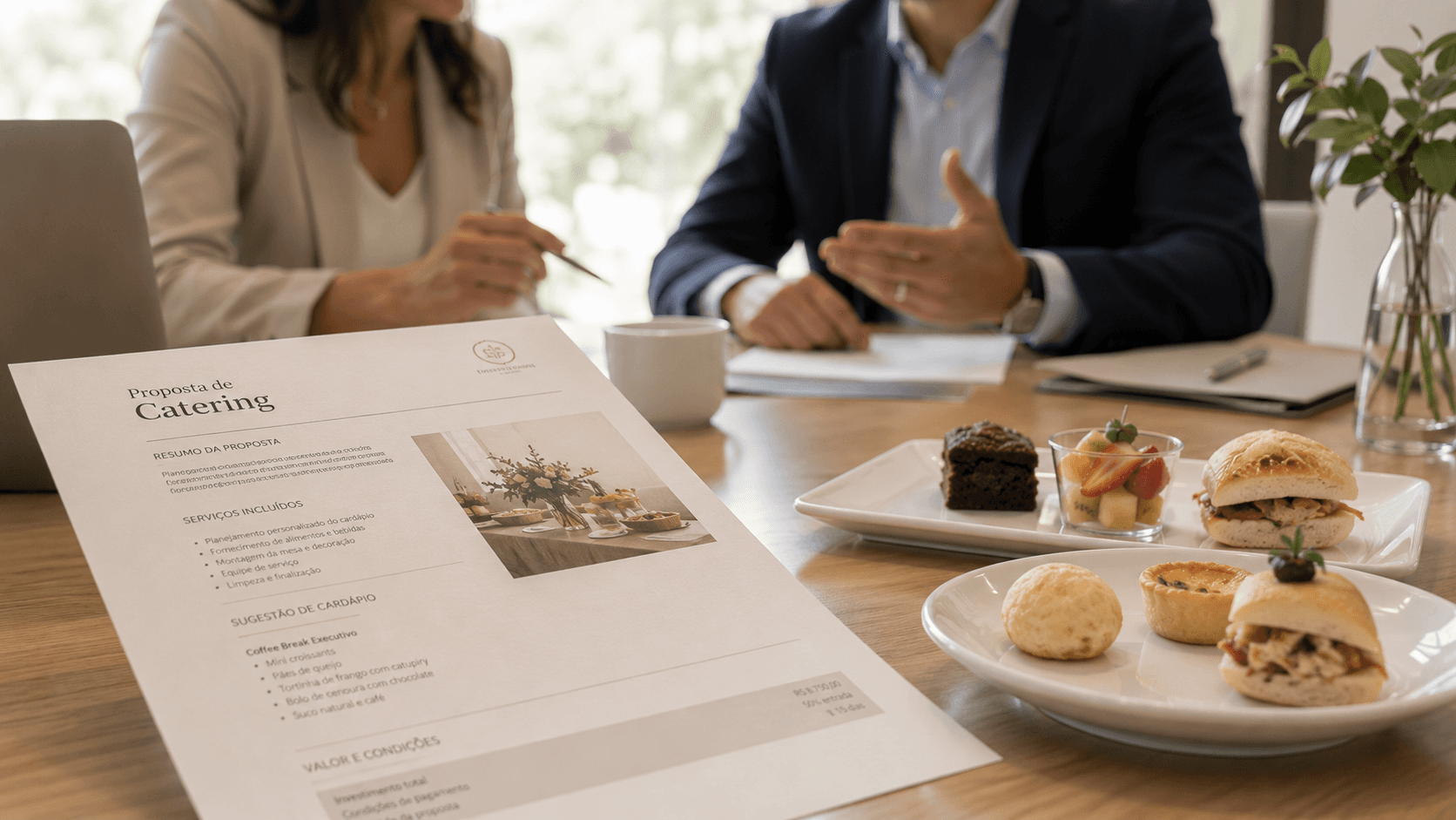 Orçamento de buffet corporativo detalhado em reunião executiva
