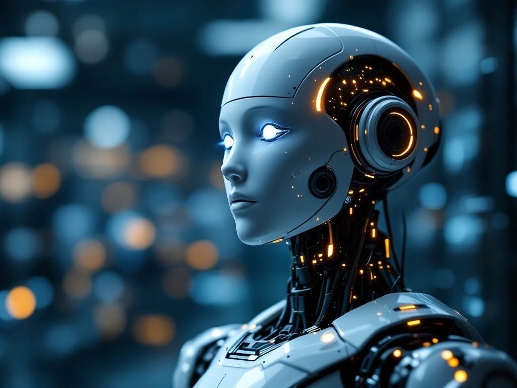 A close-up shot of a female robot's head and shoulders, showcasing intricate mechanical details and glowing lights.