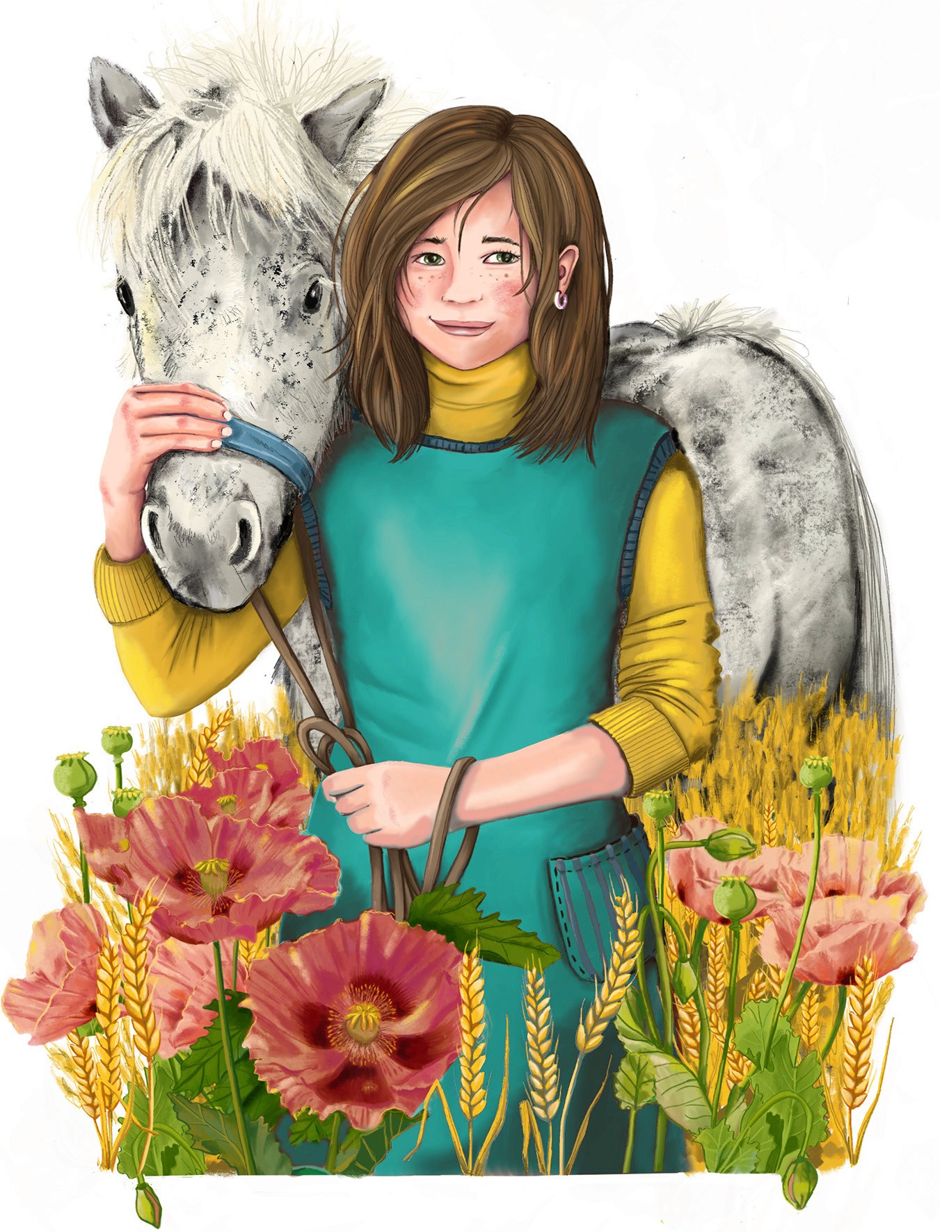 Ein Mädchen mit einem Pony in einem Kornfeld mit Mohn