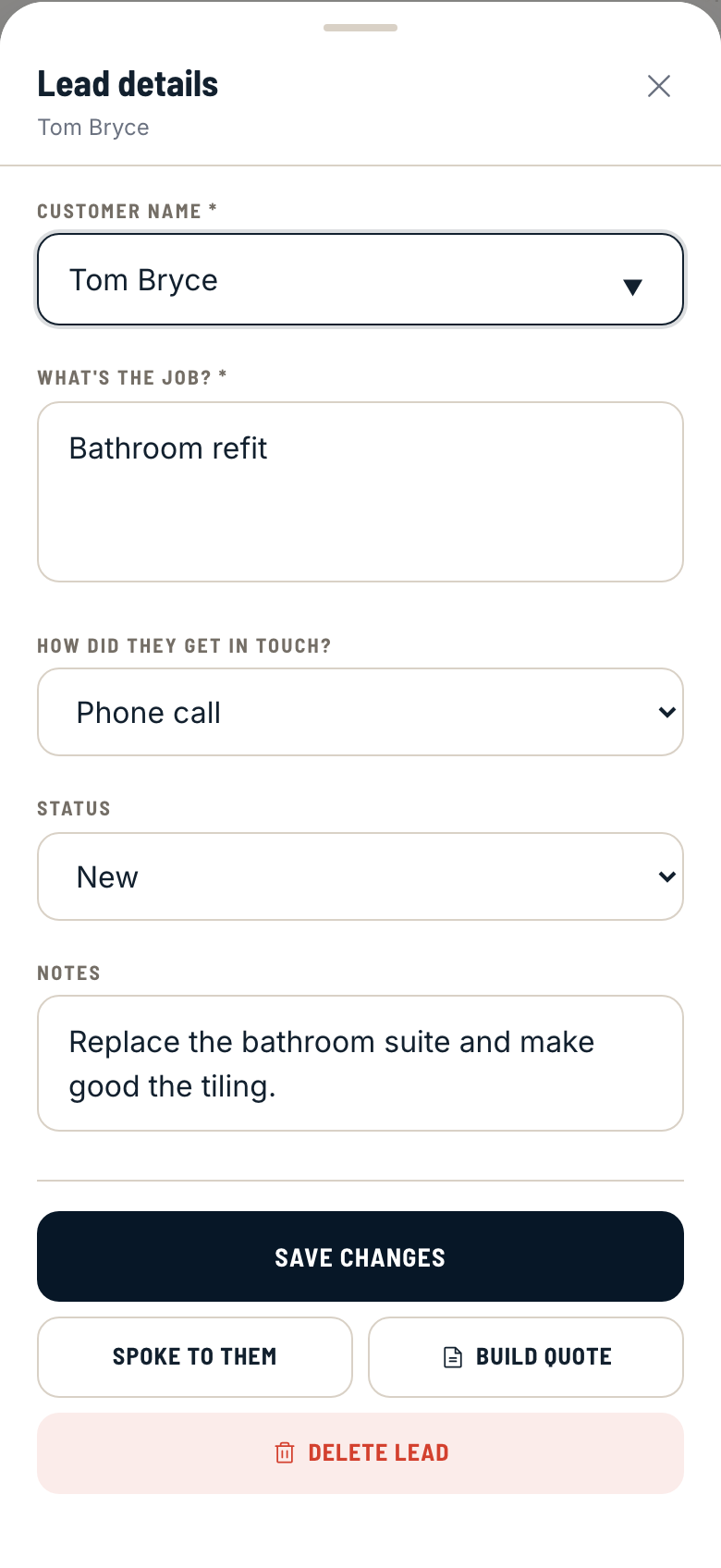 TradePilot enquiry details for example customer Tom Bryce, bathroom refit, phone call and New status.