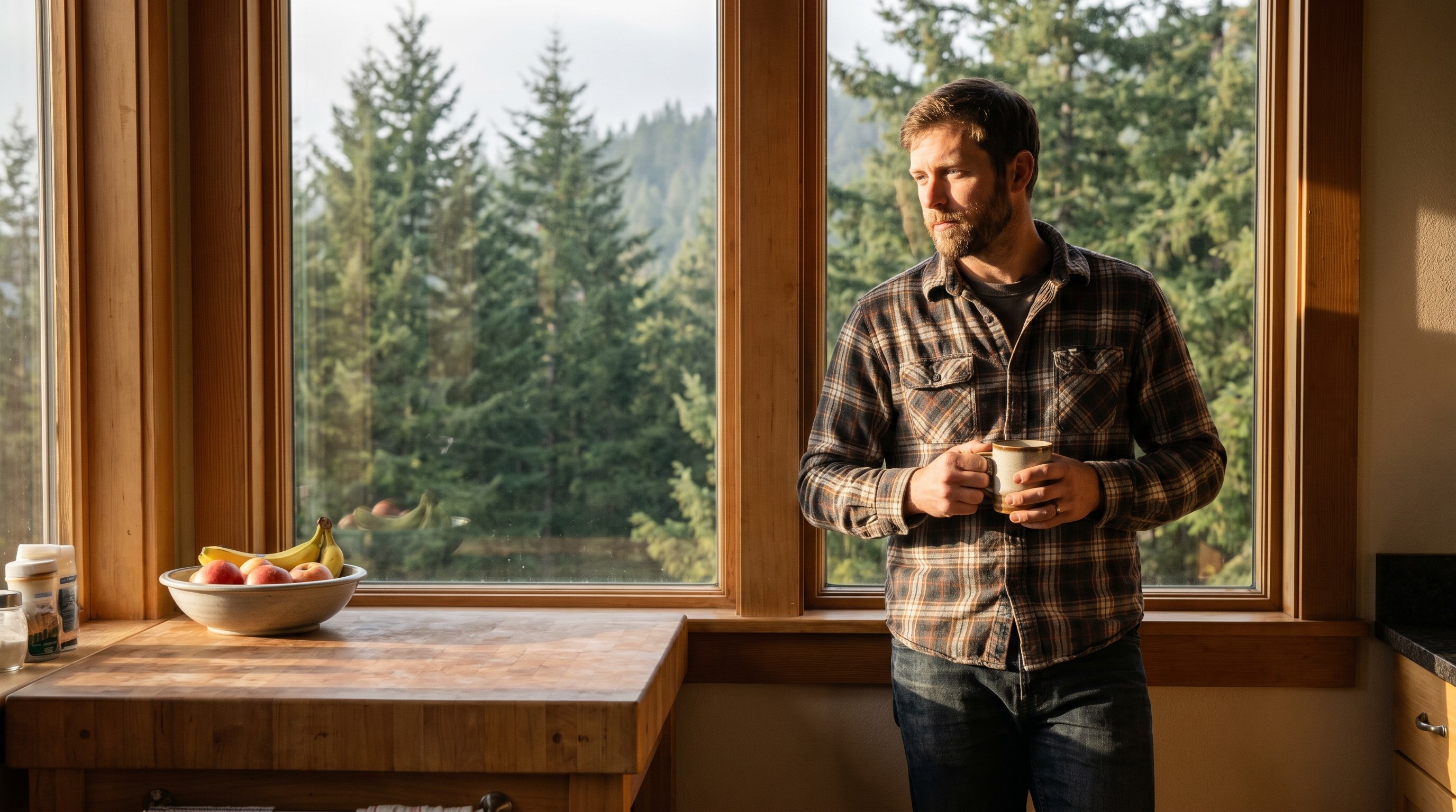 Man in flannel shirt holding coffee mug at sunlit Pacific Northwest kitchen window, thoughtful candid morning moment