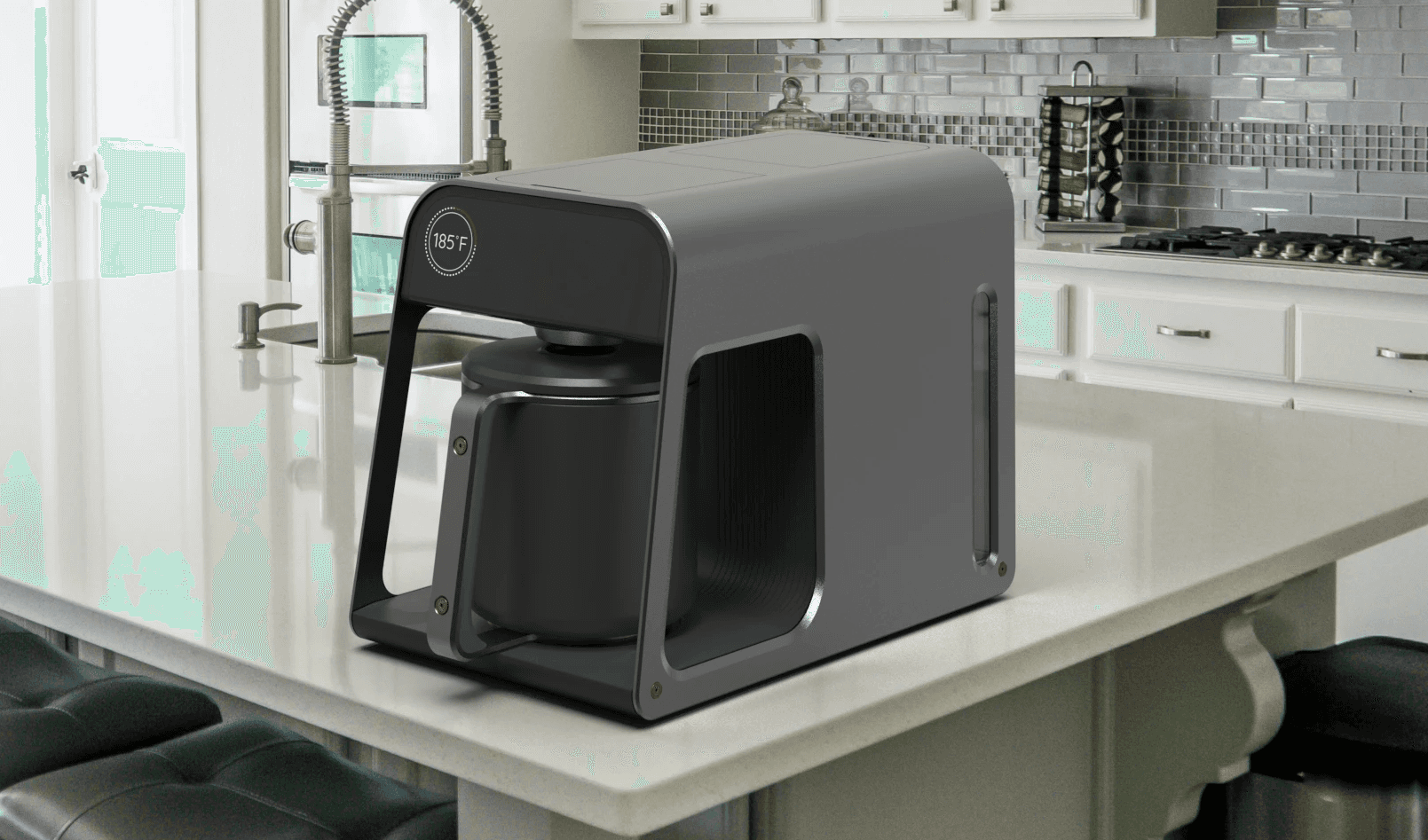 An image of a sleek, modern coffee maker with an electronic display.