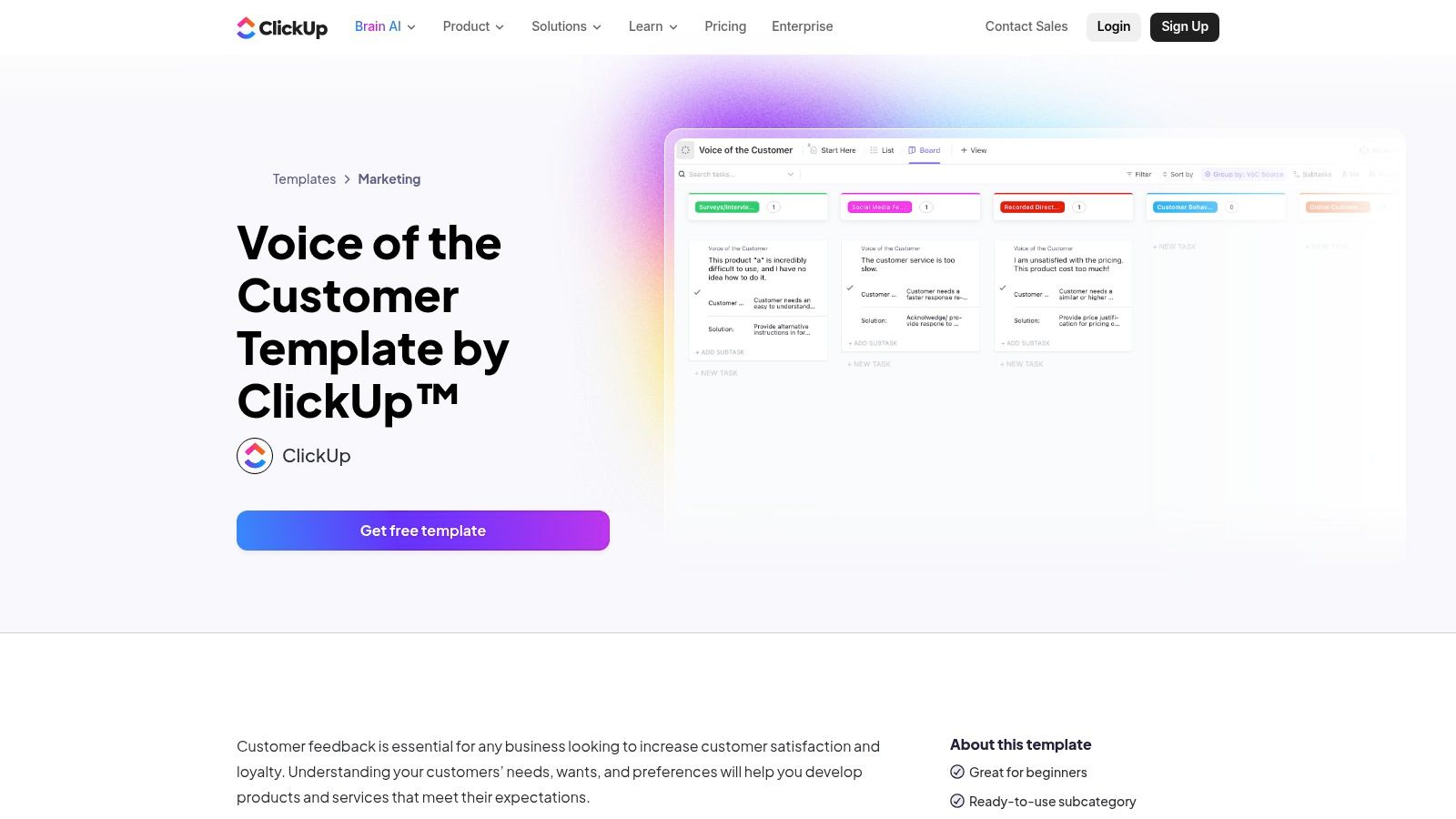 ClickUp's voice of the customer template shows a board view with columns for New Requests, Backlog, In Progress, and Completed, allowing teams to track feedback as actionable tasks.