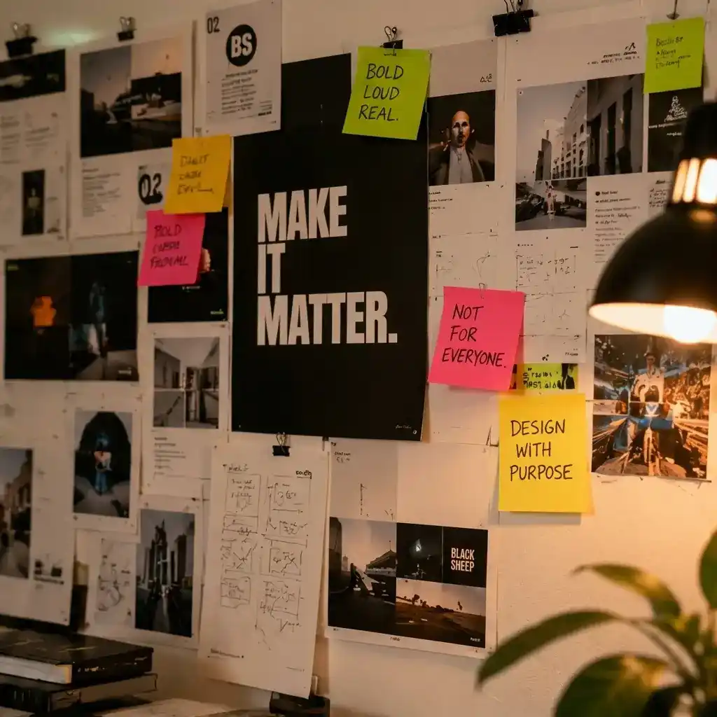 Brand strategy moodboard displaying typography, messaging, references, and creative direction for a recognition-focused identity system.